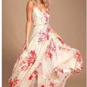 Lulu's Cream Maxi Dress with Pink Floral Print